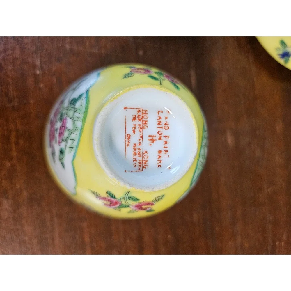 Hand Painted Canton Ware Tea Set Yellow Floral Porcelain 3pc Teapot Cup